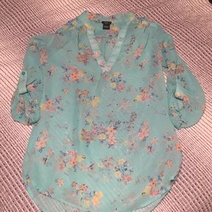 Turquoise V-Neck Floral Sheer Tunic